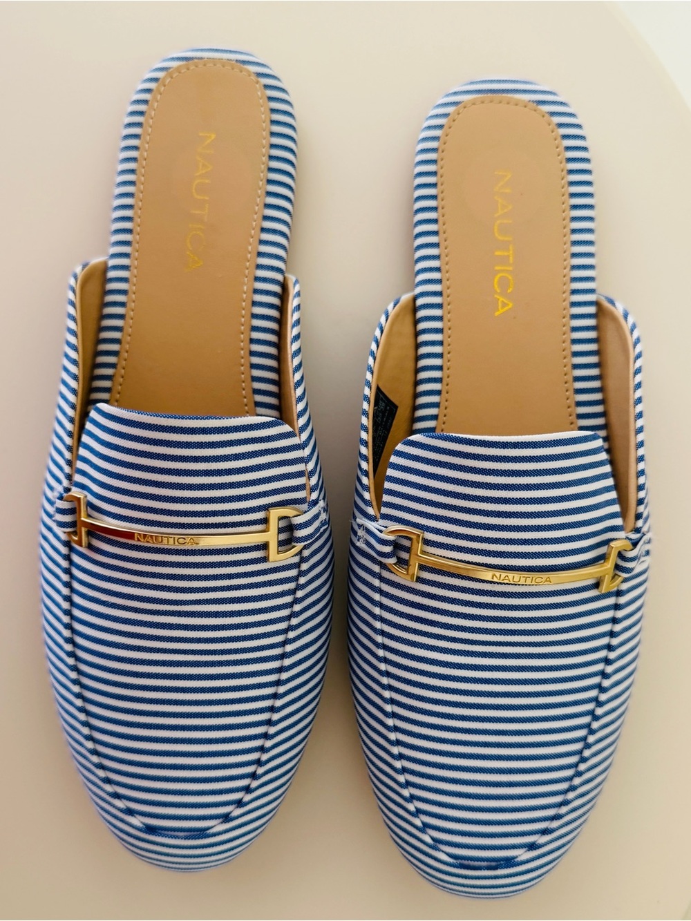 Nautica Blue and White Striped Slip-On Mules with Gold Tone Bar size 8